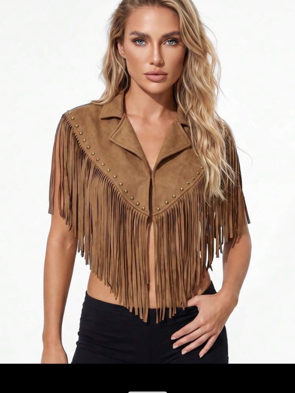 Fringed Suede-Look Crop Top in Tan( one size) - Picture 2 of 5